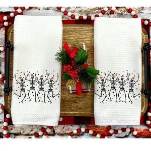 Christmas Tea Towels, Set of 2, Holiday Skeletons, Kitchen and Bath, Gift Idea